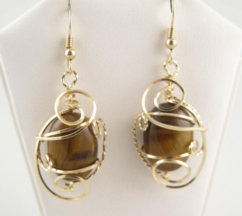 Tigerauge Ohrring, Wire Wrap Edelsteinohrring, Wrapped Handgemachte Braune Schmuck von inspiredcreationsco