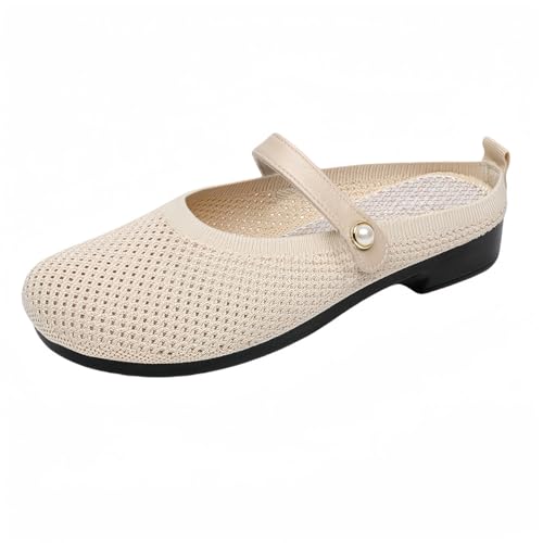 inupon Damen Mesh Atmungsaktive Slippers Stricken Mary Jane Walking Schuhe Leicht rutschfest Pantoffeln Hausschuhe Outdoorschuhe (Beige,40) von inupon