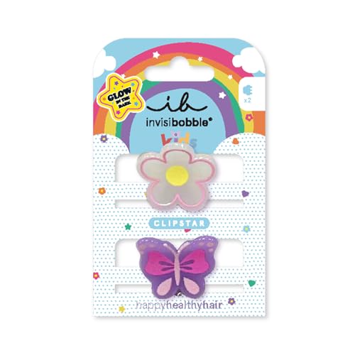 invisibobble CLIPSTAR GLOW KIDS HAPPY FLOWER - 2 Stück leuchtende Kinder Haarspangen – Blume- und Schmetterling-Design – Rutschfeste Haarclips für gesundes Haar – Perfekt für Mädchen von invisibobble