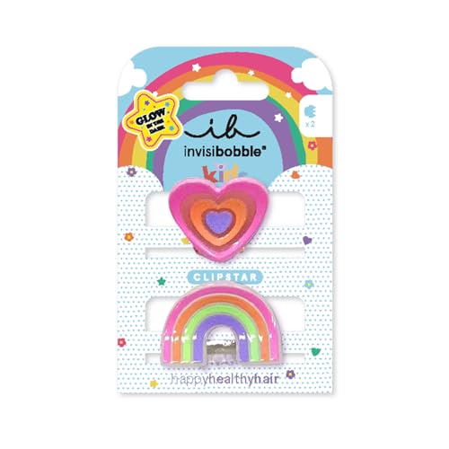 invisibobble CLIPSTAR GLOW KIDS HAPPY HEARTS - 2 Stück leuchtende Kinder Haarspangen – Regenbogen- und Herz-Design – Rutschfeste Haarclips für gesundes Haar – Perfekt für Mädchen von invisibobble