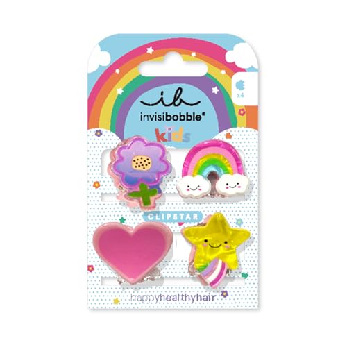 invisibobble CLIPSTAR KIDS HAPPY WORLD - 4 Stück Kinder Haarspangen – Regenbogen-, Stern-, Herz- und Blumen-Design – Rutschfeste Haarclips für gesundes Haar – Perfekt für Mädchen von invisibobble