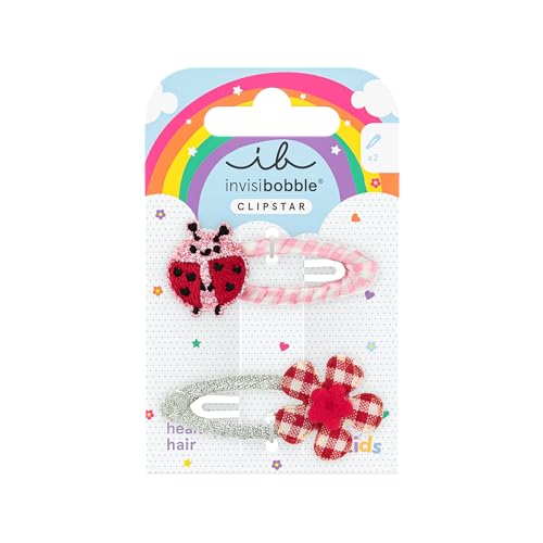 invisibobble SNAP CLIP KIDS Happy Ladybird (2 Stück) – Kinder Haarspangen Set mit Marienkäfer & Blume – Für Mädchen & Jungen – Haarspange groß für dünnes Haar – Verspielt, sicher & haarschonend von invisibobble