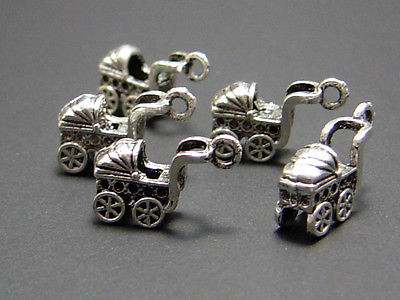 Anhänger Kinderwagen, 17 x 7 x 5 mm, 3D, silberfarben, 5 Stück von inwaria