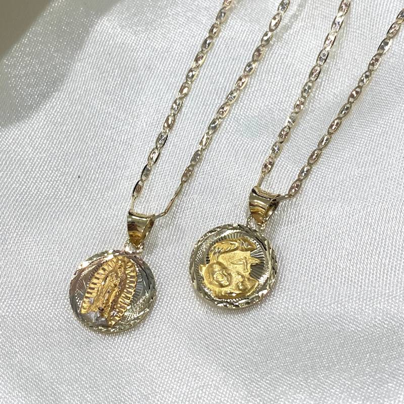 14K Tri Color Gold Unsere Dame Von Guadalupe Doppelseitiger Stempel, Jungfrau Maria Taufe Anhänger Mit 1, 5 Mm Valentino Kettenhalskette, Religiös von iokajewelry