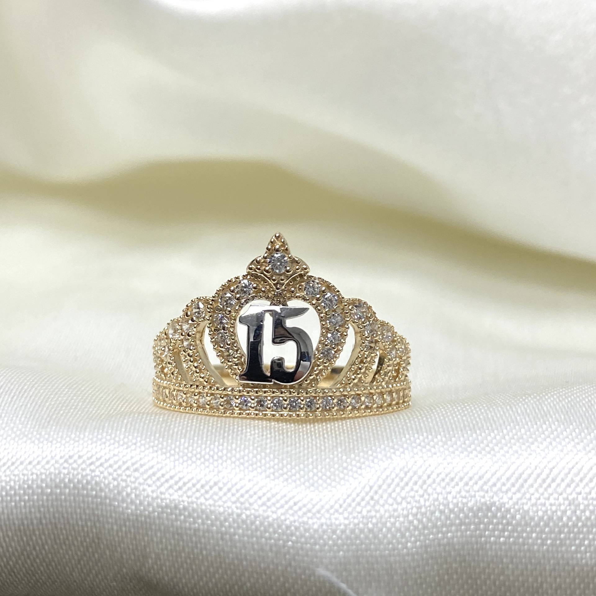 14K Two Tone Gold Cz 15 Jahre Geburtstag Tiara Prinzessin Quinceanera Ring, Anos Geburtstagsband, Geschenk Für Mädchen von iokajewelry