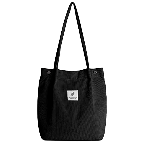 Cord Tasche Damen Tote Bag, Cord Umhängetasche Damen Mode Handtasche Damen Beutel Lässige Stofftasche für Alltag, Büro, Schulausflug und Einkauf Schwarz von iophi