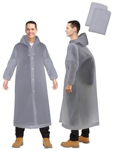 ioutdoor Regenponcho 2 Stück, Wasserdicht Regenmantel, Wiederverwendbar EVA Regenjacke, mit Kapuze Wasserdicht Atmungsaktiv Regenbekleidung Tragbarer, für Wandern Camping, für Damen Herren (Grau) von ioutdoor