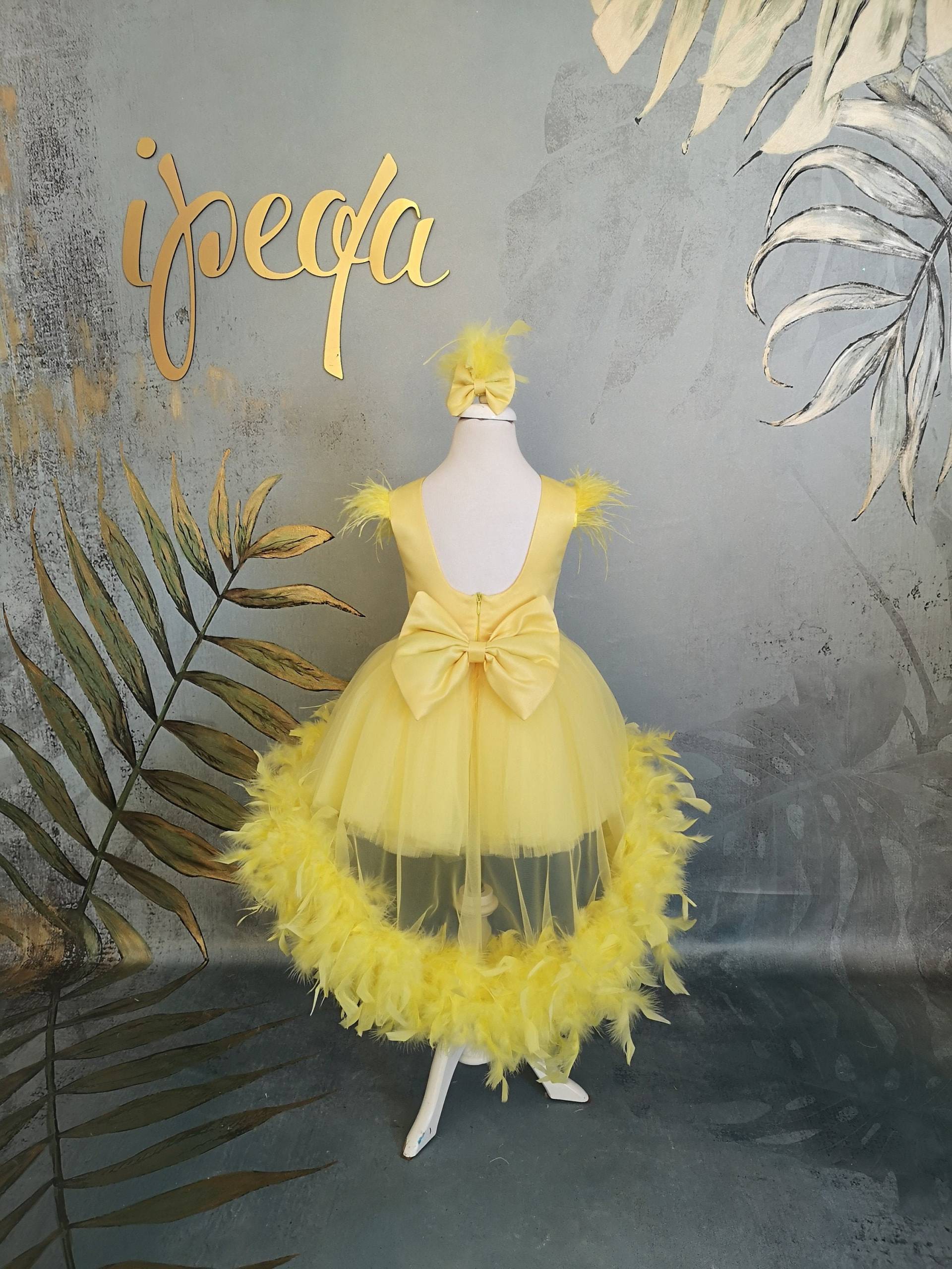 Gelbes Babyfell Kleid, Long Tail Girl Fell Baby Feder Mädchen Blumen Outfit, 1. Geburtstag von ipeqa