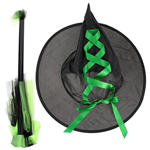 iplusmile 1Satz Hexen Hut mit Besen Halloween Kostüm Requisite für Cosplay Partys Grüne Zaubererkappe für Unvergessliche Feiern Halloween Deko von iplusmile