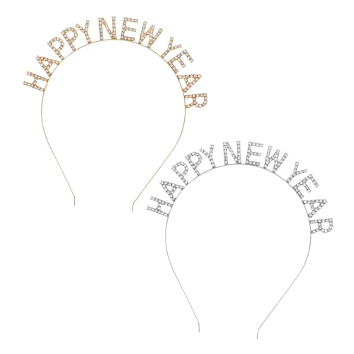 iplusmile 2 STÜCK Teiliges Strass Buchstaben Haarreif Happy Year in Gold und Weiß Leichter Langlebiger Silvester Haarreif für Neujahrsfeier und Festliche Dekoration von iplusmile