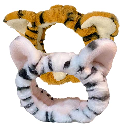iplusmile 2 Stück Plüsch Tiger Ohr Haarband Elastisches Stirnband Damen Weich Komfortabel Waschgesicht Yoga Fitness Haarschmuck Niedliches Cosplay Accessoire Weiß Gelb von iplusmile