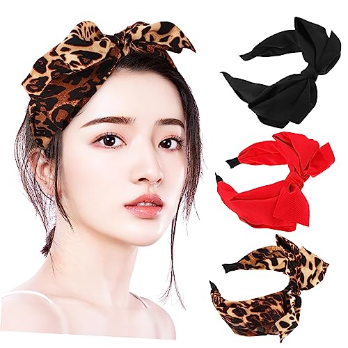 iplusmile 3 Stück Teiliges Damen Haarband mit Schleifen Design Leichtes Stirnband in Schwarz Rot und Khaki Leopardmuster Festlicher Haarschmuck für Party Alltag und von iplusmile
