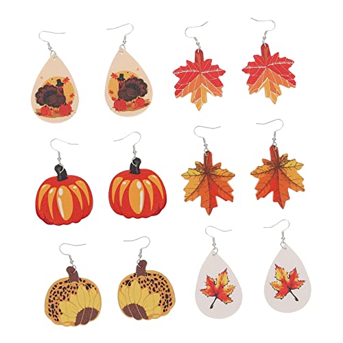 iplusmile 6 Paare Damen Ohrringe aus PU mit Doppelseitigem Herbst Ahornblatt Stilvolle Halloween und Thanksgiving Ohrhänger Leichte Langlebige Ohrschmuck für Party und Alltag von iplusmile