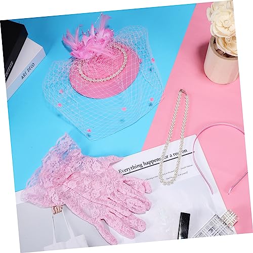 iplusmile Fascinator Haarreif Set Damen Stil mit Perlenkette und Handschuhen Leichter Netzstoff Haarschmuck für Tea Party Hochzeit Tanzparty und Accessoires von iplusmile