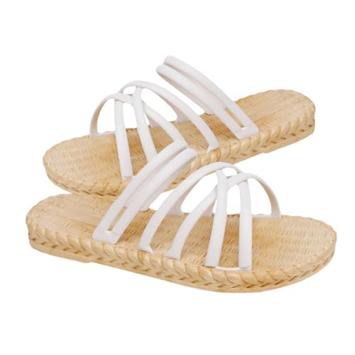 iplusmile Flache Damen Sandalen Sommer Flach Römisch Geflochtene Strohsandalen Mit Rutsch Sohle Leicht Zu Tragen Für Strand Alltag Weiß von iplusmile
