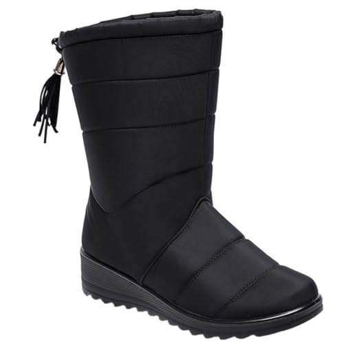 iplusmile Mid Tube Damen Schneestiefel mit Quasten Wasserdichtem Obermaterial Dicksohlig Warm Gefüttert Rutschfeste Winterstiefel für Kalte Tage Stilvoll und Schwarz von iplusmile