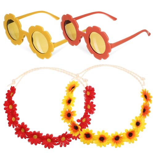 iplusmile Sonnenblumen mit Blumenkranz und Sonnenbrille Boho Haarschmuck Verstellbarer Blumenkopfkranz mit Gelb Orangefarbenen Blüten Festliches Party und Hochzeits Accessoire für Damen von iplusmile