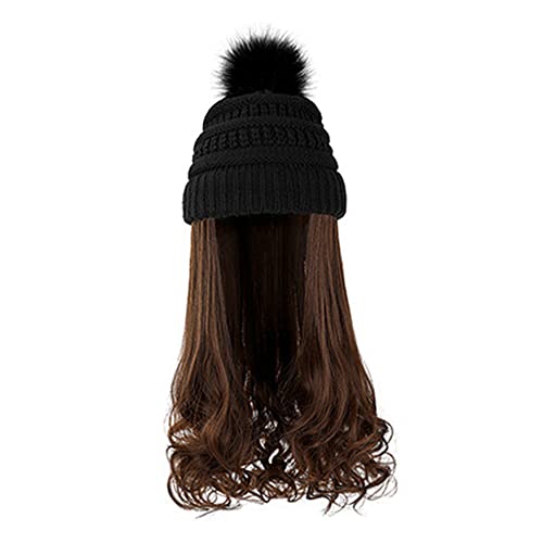 iplusmile Warm Gefütterte Strickmütze mit Abnehmbarer Natürlicher Langer Welliger Perücke Hautfreundlich Elastisch Modisch für Damen Winter Schwarzer Beanie und Hellbrauner Haarverlängerung von iplusmile