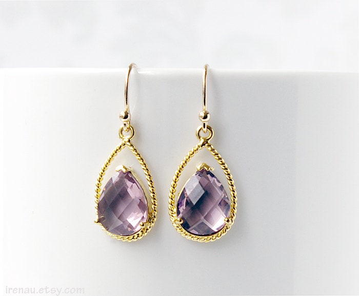 Amethyst Ohrringe Gold, Februar Geburtsstein, Lila Tropfen Kristall, Hochzeit Brautjungfern Geschenk, Baumeln Set Von von irenau