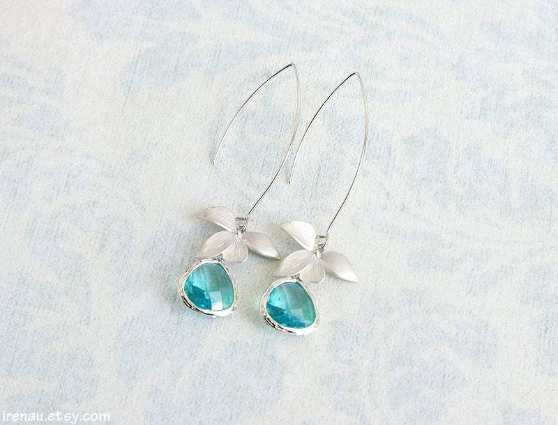 Aqua Blaue Ohrringe, Silber Orchidee Aquamarin Lange Ohrringe Hochzeit Modernen Alltag Matt Blume Braut von irenau