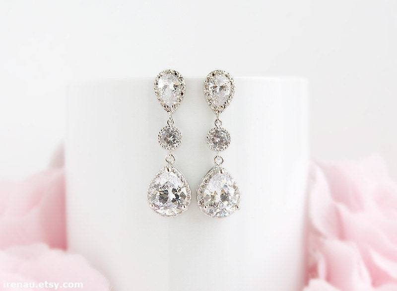 Braut Ohrringe Cz Tropfen Zirkonia Klares Kristall Weiß Silber Ohrhänger Post Lang Große Kristalle von irenau