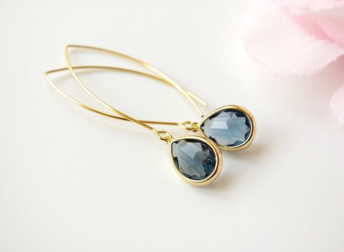 Dunkelblaue Montana Blaue Tropfen Ohrringe, Gold Saphir Blau Lange Freundin Geschenk Für Sie von irenau