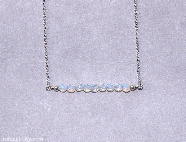 Edelstein Bar Halskette, Weiße Opal Schlichte Silber Zierliche Kurze Perlen Dar Brautjungfern Geschenk von irenau