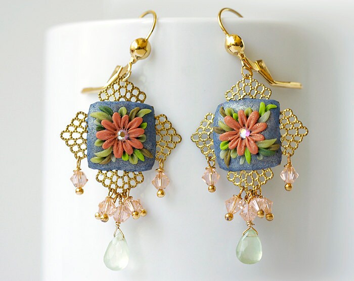 Edelstein Ohrringe, Gold Filigrane Swarovski Prehnit Polymer Clay Baumeln Grau von irenau