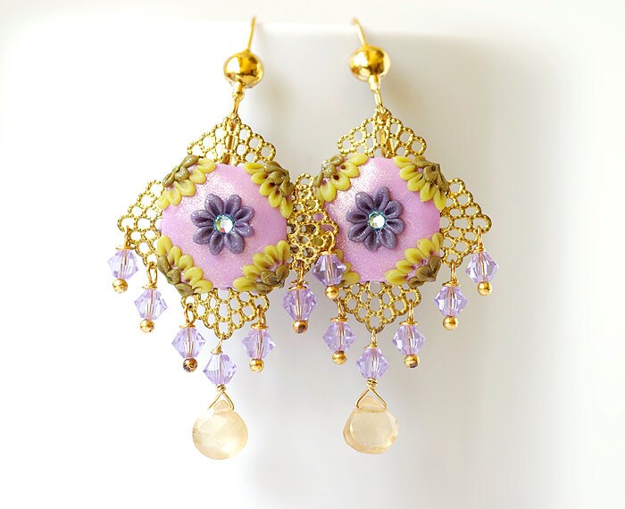 Filigrane Ohrringe, Hessonit Lavendel Hellrosa Swarovski Edelstein Ohrhänger Gold von irenau