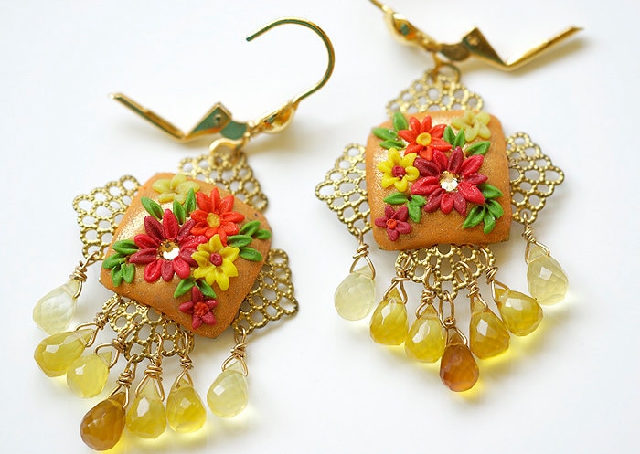 Gelbe Chalcedon Ohrringe, Gold Filigrane Edelstein Polymer Clay Swarovski Ohrringe von irenau