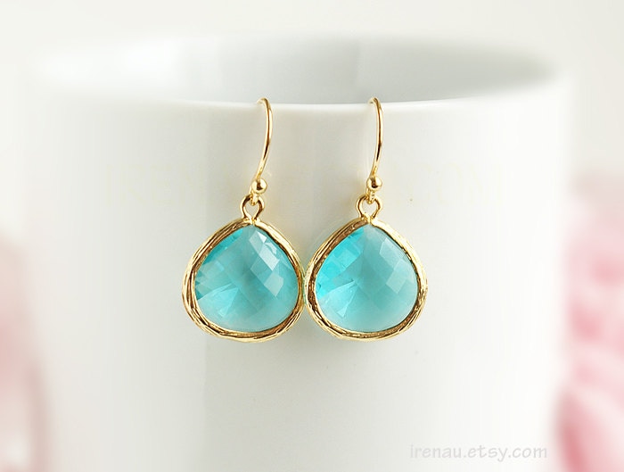 Gold Aquamarin Tropfen Ohrringe Aqua Blau Teardrop Großer März Geburtsstein Glasohrringe Blaugold Baumeln Ohrring von irenau