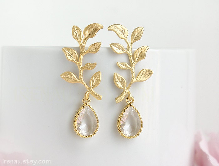 Gold Lorbeer Ohrringe, Braut Ohrstecker, Matt Gold Zweig Ohrringe Ohrstecker Tropfen Klar Kristall Schmuck Griechenland von irenau