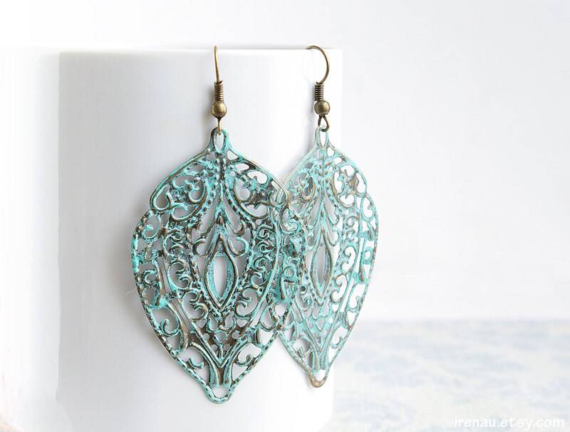 Große Aqua Blaue Ohrringe, Lange Patina Blatt Metall Spitze Filigrane Türkis Tropfen Vintage Boho von irenau