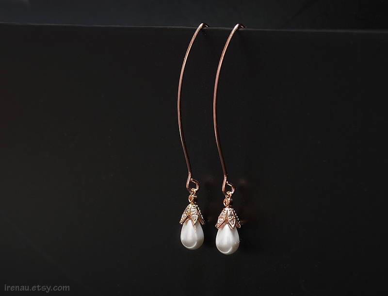 Große Haken Ohrringe, Rose Gold Perle Cz Zirkonia Lange Baumeln Moderne Ohrringe Freundin Geschenk Für Sie von irenau