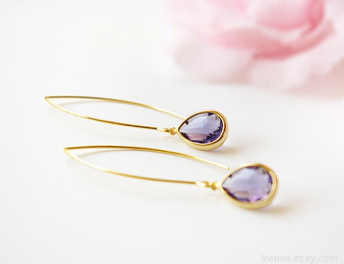 Lila Amethyst Tropfen Ohrringe, Gold Lange Februar Geburtsstein, Weihnachtsgeschenk Für Sie von irenau