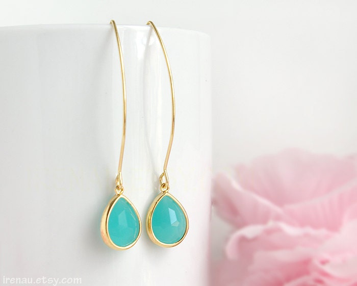 Mint Blaue Tropfen Ohrringe, Gold Lange Ohrringe Kristall Glas Hochzeit Braut von irenau