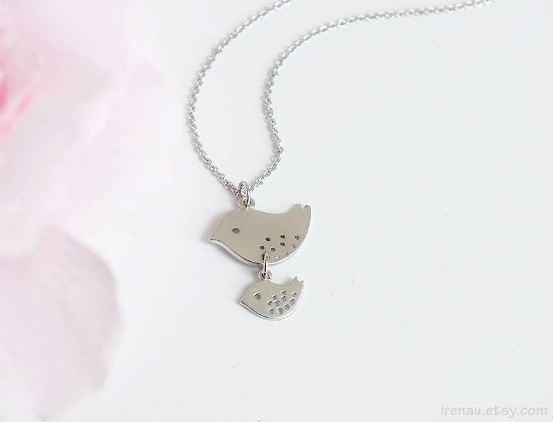 Mutter Und Baby Vogel Halskette, Kind Halskette Zarte Silber Charm Anhänger Zwei Kette Everyday Mama von irenau
