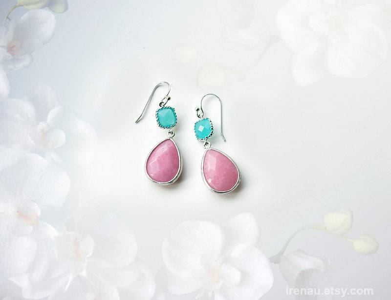 Ohrringe Mint Und Rosa, Silberohrringe, Rosa Hochzeitsschmuck, Mintblaue Ohrringe, Zierliche Brautohrringe von irenau