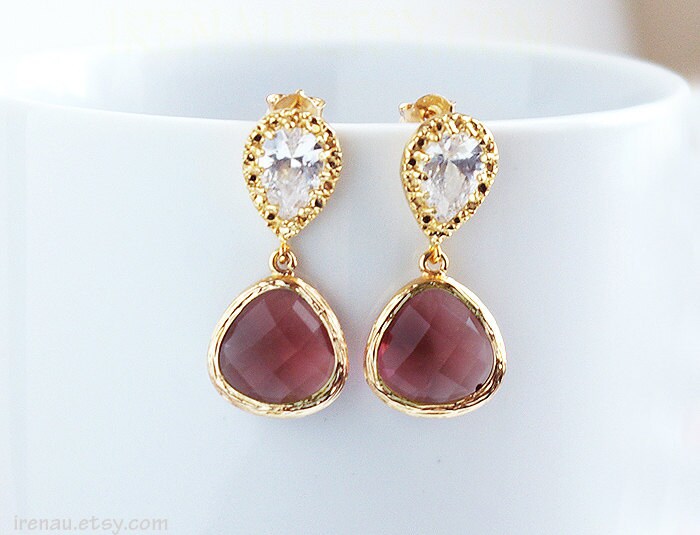 Pflaume Ohrringe, Goldohrstecker Hochzeit, Glasgoldohrringe, Cz-Brautohrringe, Tropfenpflaume Burgunder-Brautohrringe 925Er Silber von irenau