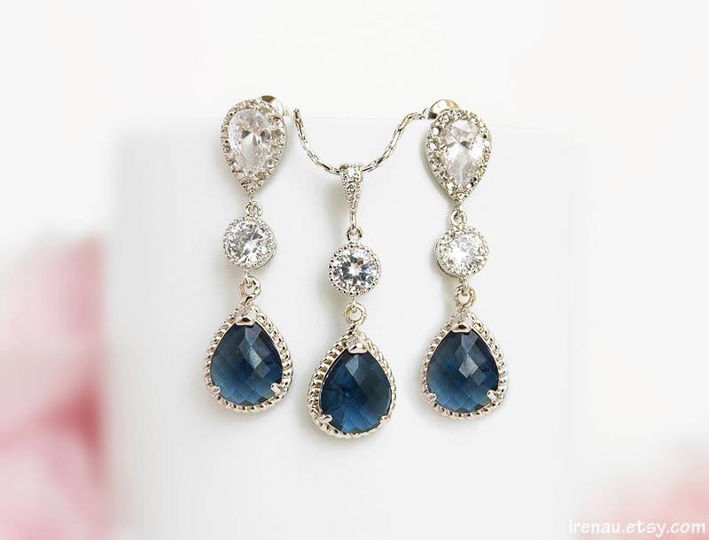 Sapphire Schmuck-Set Navy Blau Hochzeit Ohrringe Lange Halskette Set Blau Braut Schmuck Cz Silber Träne September Geburtsstein von irenau