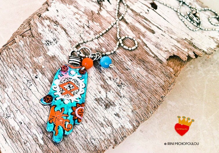 Fatima Hand - Glücksbringer, Sommer Schmuck, Schutz Anhänger, Handanhänger, Halskette, Bunte Hamsa, Viel Glück von irinimichopoulou