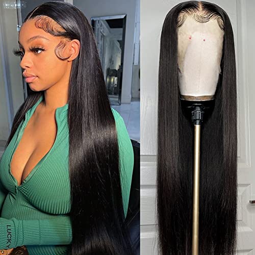 Iris Queen 33 x 10 cm glatte HD-Echthaar-Perücke für schwarze Frauen, vorgezupft, 180 Dichte, 12 A, transparente Lace-Front-Perücke mit Babyhaar, natürliche schwarze Farbe, 66 cm von iris queen