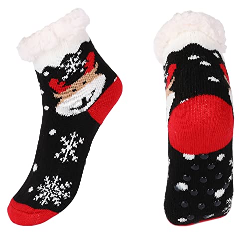 irisaa 1 Paar Wintersocken Kuschelsocken mit ABS Sohle für Mädchen Kinder Warme Hüttensocken dicke Stoppersocken Anti Rutsch, Socken Größe:28-31, Socken Farben 2020:Schwarz Hirsch von irisaa