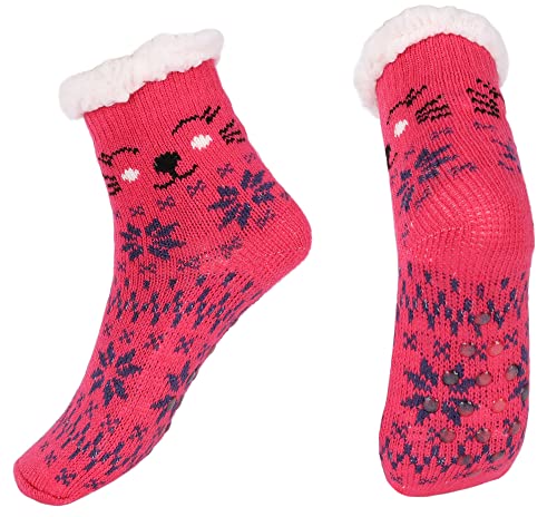 irisaa 1 Paar Wintersocken Kuschelsocken mit ABS Sohle für Mädchen Kinder Warme Hüttensocken dicke Stoppersocken Anti Rutsch, Socken Größe:32-35, Socken Farben 2020:Rot Schneeflocken von irisaa