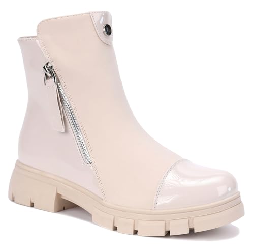 irisaa Chelsea Boots mit Blockabsatz, Damen Stiefeletten Winterschuhe Schnürboots Warm Gefüttert, Größe:38, STF Farbe:Beige glänzend von irisaa