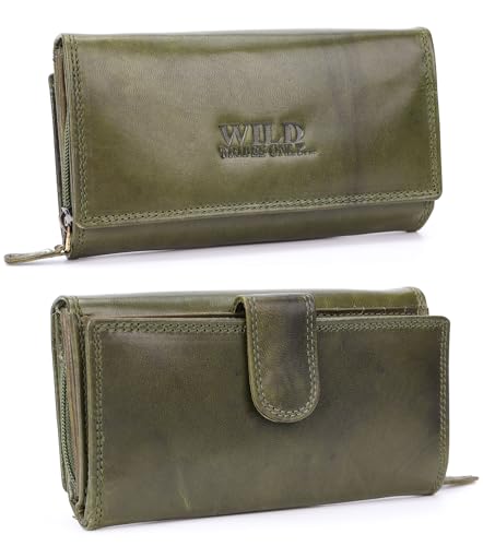 irisaa Damen Leder Wild Geldbörse, Portemonnaie Lang Geldbeutel,RFID Schutz 21 Kartenfächer, Brieftasche Groß, Vintage Design Used Look, Damen Tasche:Oliven Grün von irisaa