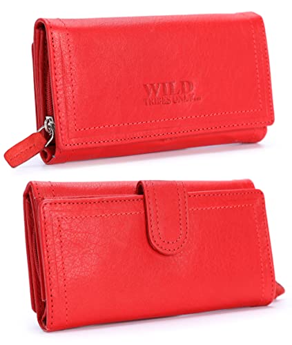 irisaa Damen Leder Wild Geldbörse, Portemonnaie Lang Geldbeutel,RFID Schutz 21 Kartenfächer, Brieftasche Groß, Vintage Design Used Look, Damen Tasche:weich Rot von irisaa