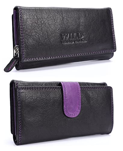 irisaa Damen Leder Wild Geldbörse, Portemonnaie Lang Geldbeutel,RFID Schutz 21 Kartenfächer, Brieftasche Groß, Vintage Design Used Look, Damen Tasche:weich SchwarzLila von irisaa