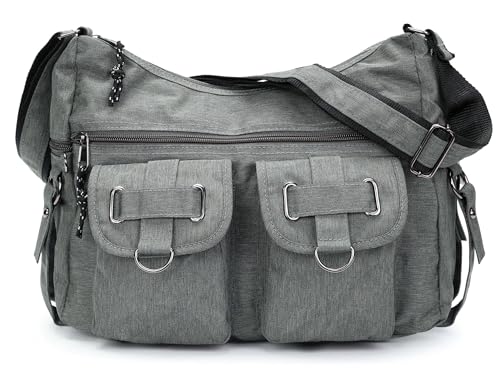 irisaa Damen Schultertasche, Canvas Multifunkionale Umhängetasche, Casual Handtasche mit vielen fächern Unisex, DKB Farbe:Grau von irisaa