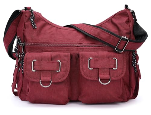 irisaa Damen Schultertasche, Canvas Multifunkionale Umhängetasche, Casual Handtasche mit vielen fächern Unisex, DKB Farbe:Rot von irisaa